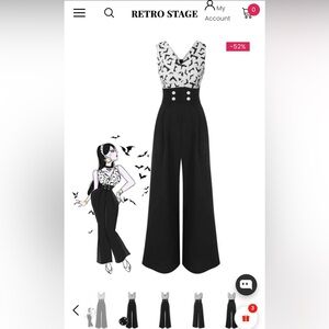 Retro Stage Elegant Black High-Waisted Jumpsuit Bats Halloween NWT